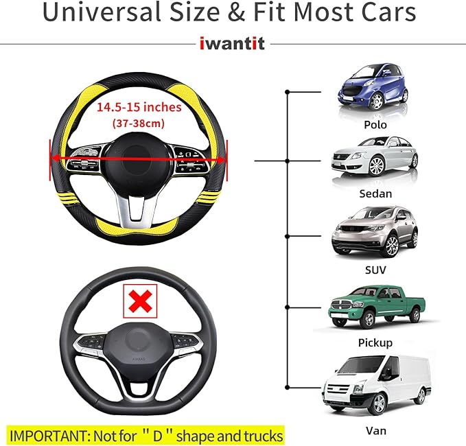 Iwantit® Steering Wheel Covers with Leather and Anti-Slip Rubber Ring, Universal Fit 14.5-15 inches for Cars,SUV (Yellow/Black)