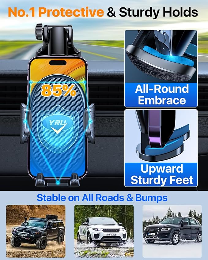 YRU Upgraded Universal Car Phone Holder Mount【360°Rotatable & Strong Suction】 Cell Phone Car Dashboard Windshield Phone Holder Dash Vent Stand for iPhone 17 16 Pro Max Samsung Truck, Graphite Black
