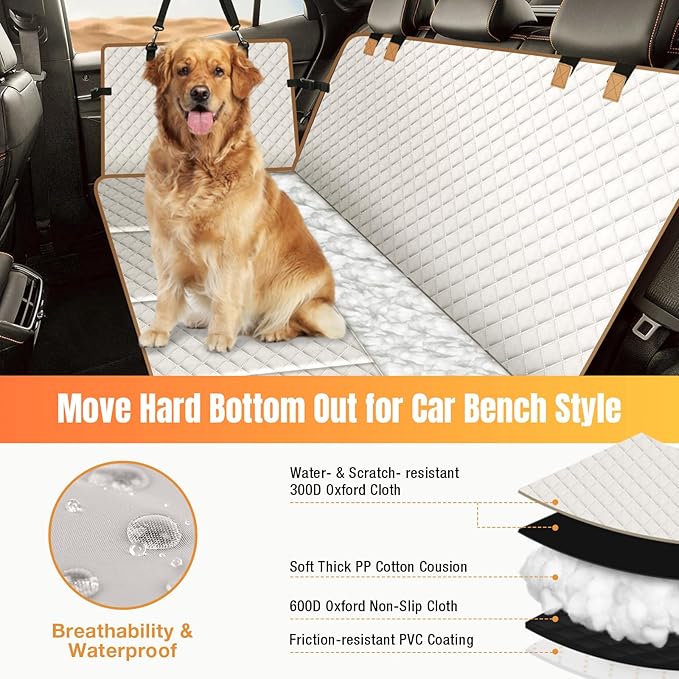 Dog Car Seat Cover for Back Seat, Hard Bottom Holds 420lbs Dog Hammock for Cars SUVs Trucks, Easy to Clean, Waterproof Scratch-Proof Nonslip Backseat Extender for Dogs 4 Panels