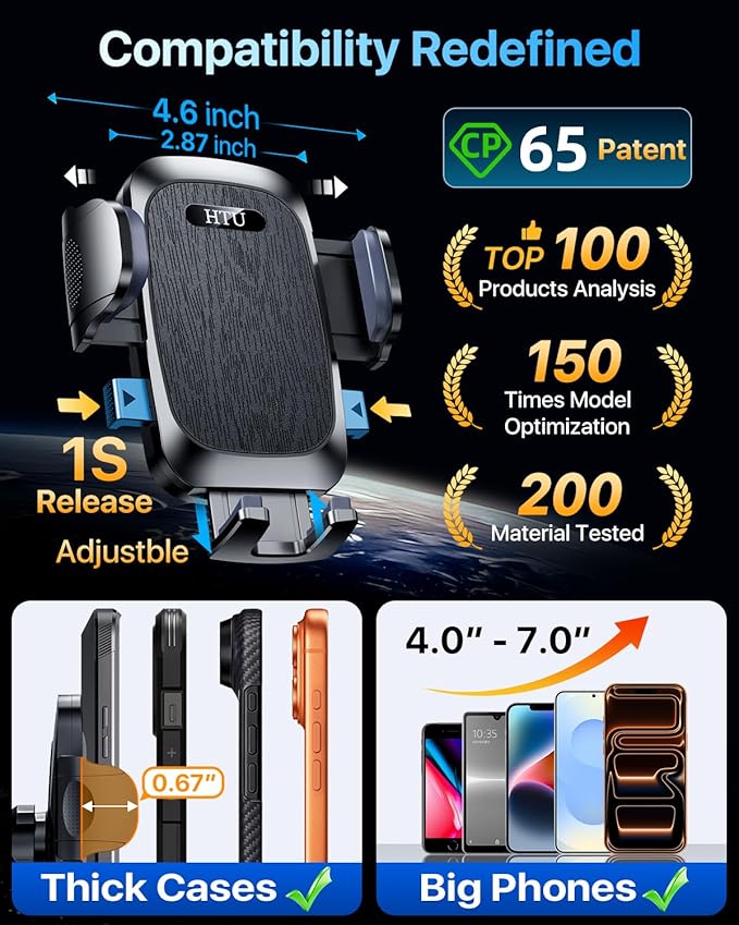 HTU 【98+LBS Strongest Suction & Military-Grade】 Ultimate Car Phone Mount【Patent & Safety Certs】 Cell Phone Holder Truck Stand for Dashboard Windshield Vent for iPhone 17 Pro Max 16 15 Samsung (Black)