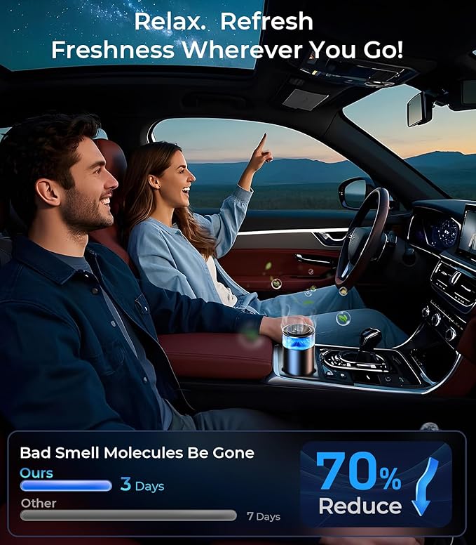 Smart Car Air Fresheners, Ambient Light & Mist, Auto On/Off, Adjustable Intensity Car Air Freshener Diffuser, Fragrance Lasts 6 Months, Built-in Battery, Scent Refill X2 - Osmanthus Orchid