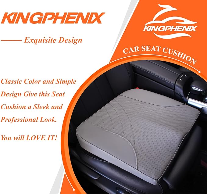kingphenix Premium Car Seat Cushion, Memory Foam Driver Seat Cushion to Improve Driving View- Coccyx & Lower Back Pain Relief - Seat Cushion for Car, Truck, Office Chair (Leather Gray)