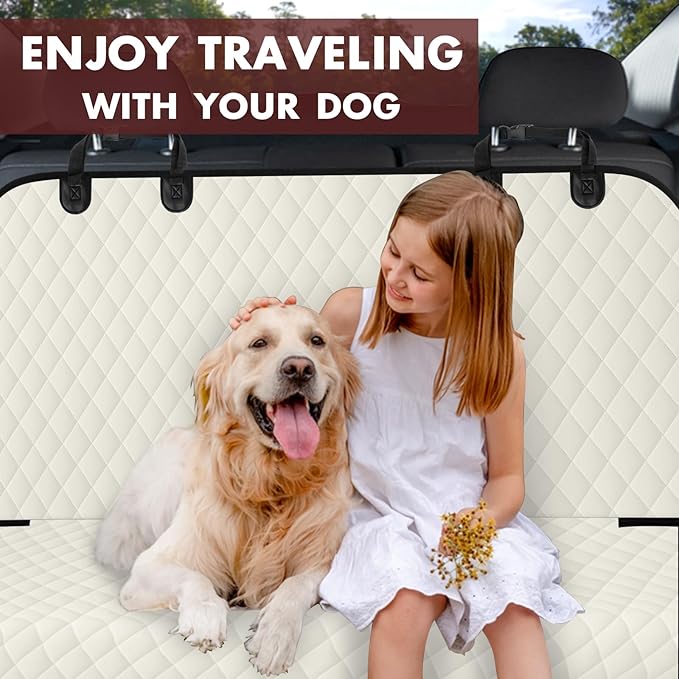 Backseat Cover for Dogs, Waterproof and Non-Slip Pet Bench Seat Covers, Car Seat Protector for Back Seat, Universal Size Rear Car Seat Cover Fits Cars, Trucks and SUVs, L-Beige&Black
