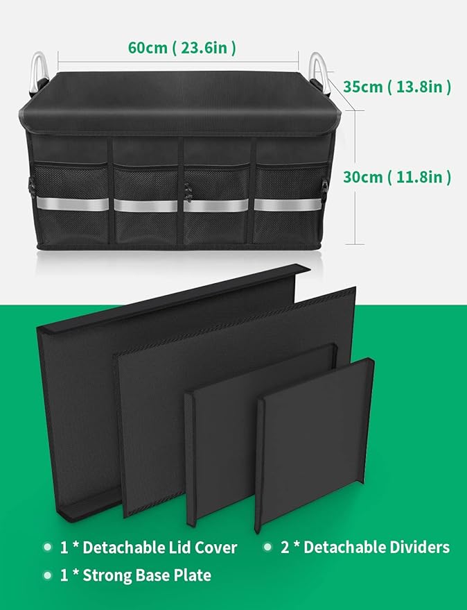 Oasser Trunk Organizer Cargo Organizer Trunk Storage Waterproof Collapsible Durable Multi Compartments with Foldable Cover Aluminium Alloy Handle Reflective Strip (Large, Black)