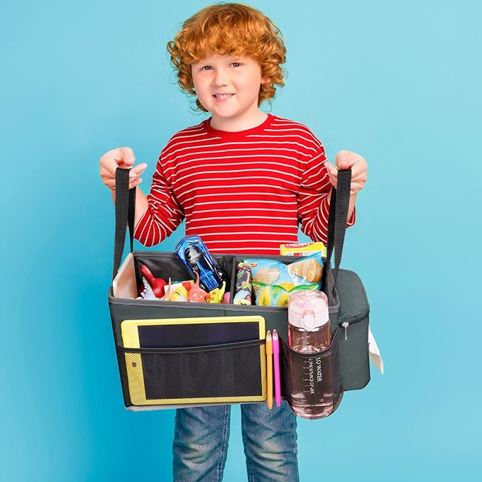 Car Back Seat Organizer - Road Trip Essentials Kids, Automotive Organization Car Accessories for Women Men Interior with Cup Holders, Tissue Box, Mesh Pockets, Grey