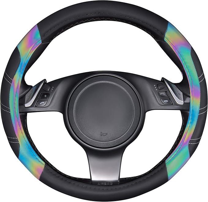 CAR PASS Line Rider Microfiber 13.5-14 Inch Leather Sporty Steering Wheel Cover Universal Fits for 95% Truck,SUV,Cars, Anti-Slip Safety Comfortable Desgin (Black Reflective)