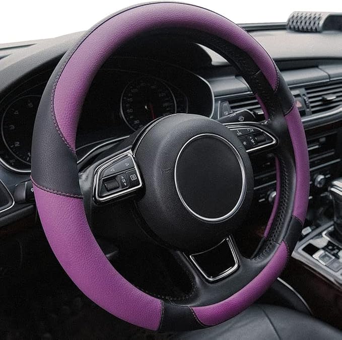 Xizopucy Purple Steering Wheel Covers Black Universal Microfiber Leather, Suitable for 14 1/2-15 inch Car Steering Wheel Cover, Breathable, Anti Slip- Purple