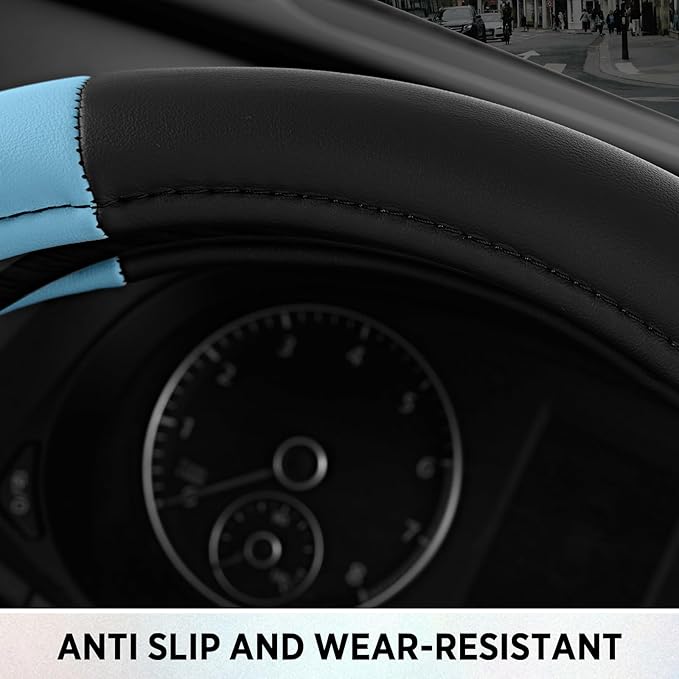 Road Comfort Leather Steering Wheel Cover – Premium Anti-Slip Car Steering Wheel Grip Cover – Universal Fit for 14.5”–15.5” Cars, Trucks & SUVs - Blue