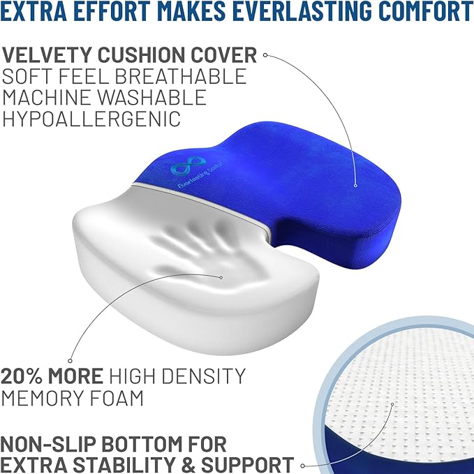 Everlasting Comfort Doctor Recommended Memory Foam Seat Cushion for Office Chairs & Car - Ergonomic Office Desk Accessories - Cushions for Tailbone Pain Relief, Sciatica (Blue, Large)