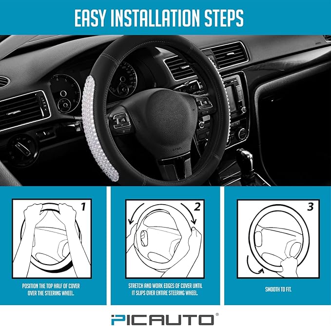 PIC AUTO Steering Wheel Cover, Glitter Gel Particles & Black Luxury Leather Car Steering Cover, Universal Fit 14.5"-15.5" Anti-Slip Car Wheels Cover for Girls & Women