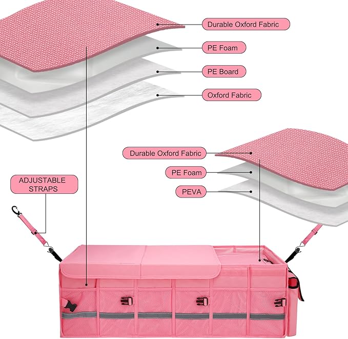 Car Trunk Organizer and Storage with Lid & Removable Leakproof Cooler Bag, Customized Space Pink Car Interior Accessories for Women Collapsible Large Trunk Organizers for Sendan SUV, Jeep, MPV, BMW