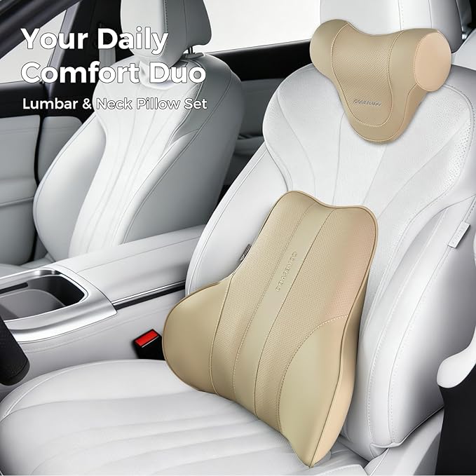 Coverado Lumbar Support Pillow for Car, Ergonomic Memory Foam Back Pillow for Office Chair, New Back Cushion for Pain Relief, PU Leather Car Lumbar Support for Driving Seat