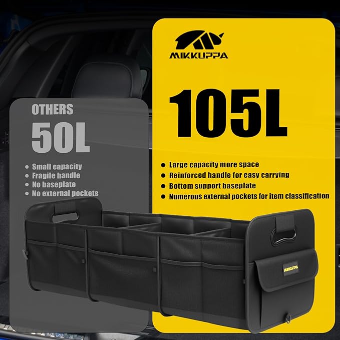 MIKKUPPA Car Trunk Organizer - 105L Collapsible Large Trunk Organizer for Groceries, Trunk Storage Organizers for SUV Auto Truck Van with Non Slip Bottom (Black)
