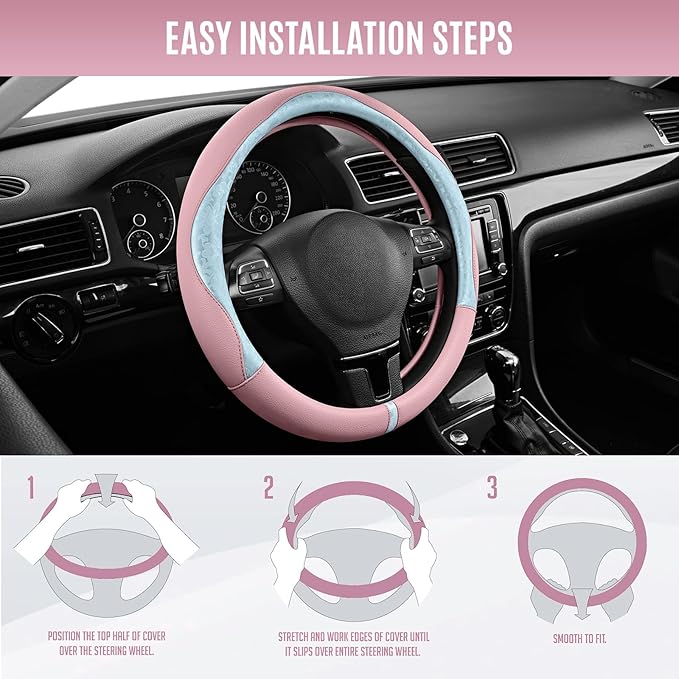 PIC AUTO Steering Wheel Cover, Light Blue Patterned & Pink Leather Patchwork Design, Universal Fit 14.5"–15.5", Anti-Slip, Odor-Free, Soft Grain Leather, Durable Grip Car Accessory for Girls & Women