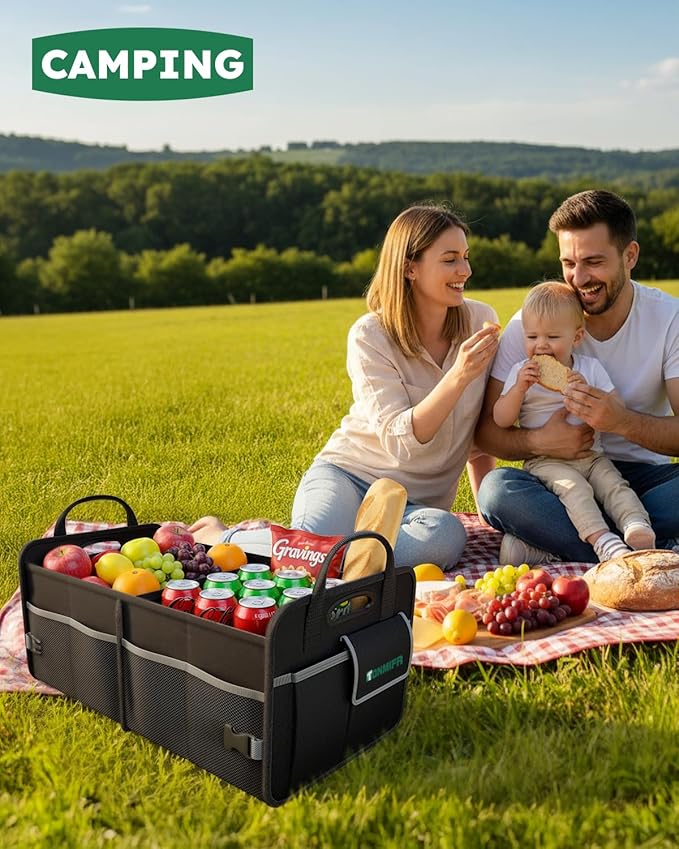 2-Compartment Trunk Organizer & Multi-Compartment Storage Box 600D Waterproof Oxford, with Reflective Strips and 8 Side Mesh Pockets for SUV, Sedan, Minivan- Heavy-Duty Car Organiser(65L)