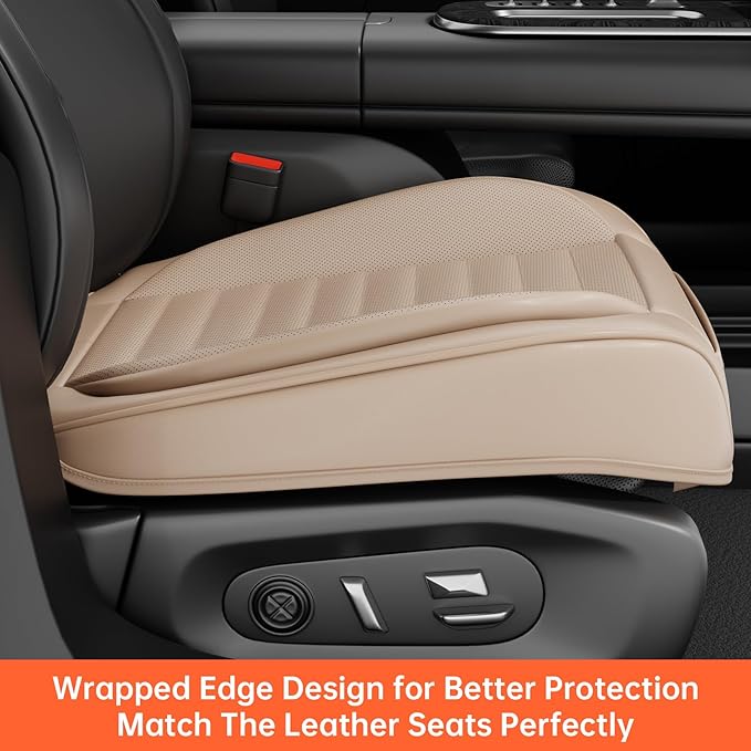 2 Pack Car Bottom Seat Covers, Luxury Leather Front Seat Covers, Breathable and Waterproof Automotive Bottom Seat Covers, Universal Anti-Slip Seat Covers Fit for Most Vehicles (Beige, 2 PCS)