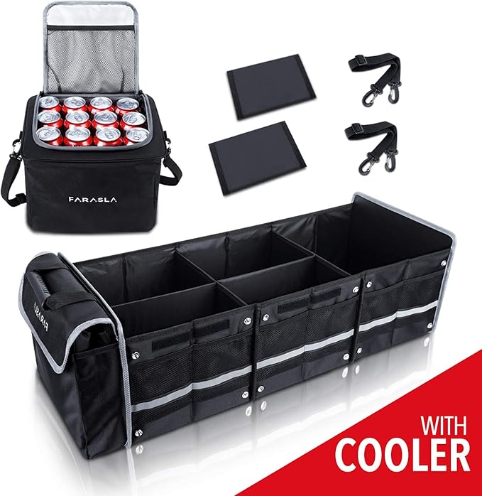 Farasla Waterproof Trunk Organizer with Insulated Leakproof Cooler Bag, Foldable Cover, Adjustable Securing Straps (Black)