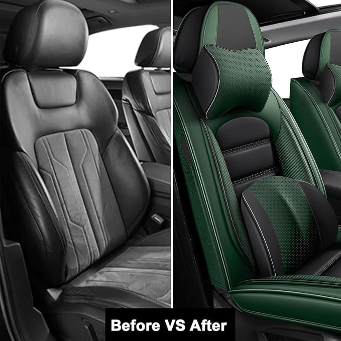 2 Car Seat Covers for Audi A4 2002-2026 Breathable Leather,Waterproof Car Seat Protectors with Comfort Headrest Pillows,Automotive Vehicle Cushion with Storage Pockets (Luxury,Green)