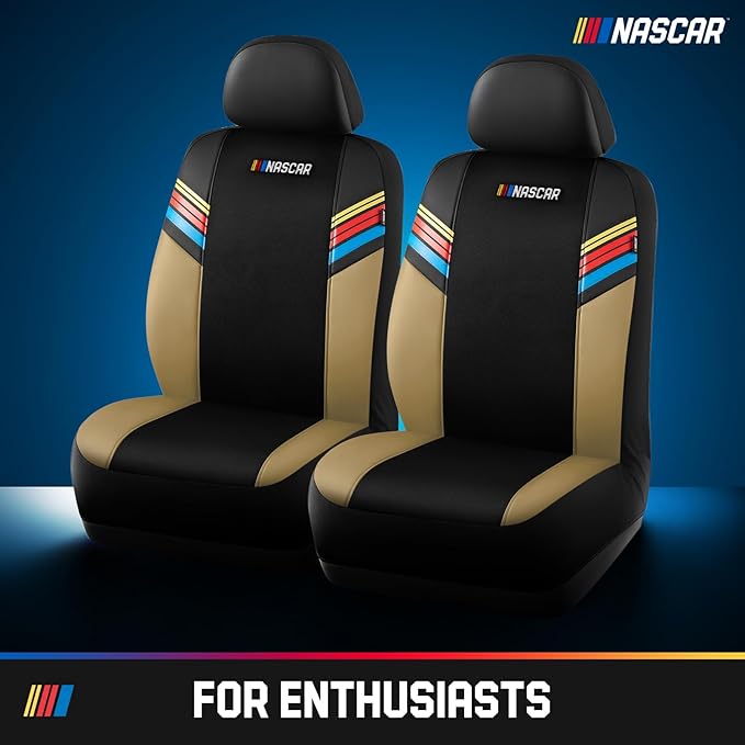 NASCAR Car Seat Covers, Beige Leather and Mesh Seat Covers, Universal Fit Front Seat Covers for Cars with Airbag-Compatible Design, Durable Racing-Inspired Car Interior for Cars, Trucks & SUVs