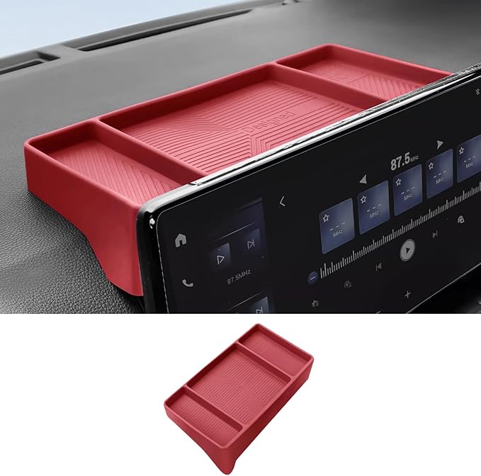 Temmis Dashboard Organizer for Toyota Highlander 2022-2026, Silicone Dash Board Tissue Holder Dash Storage Tray Container Box Behind Screen-Red