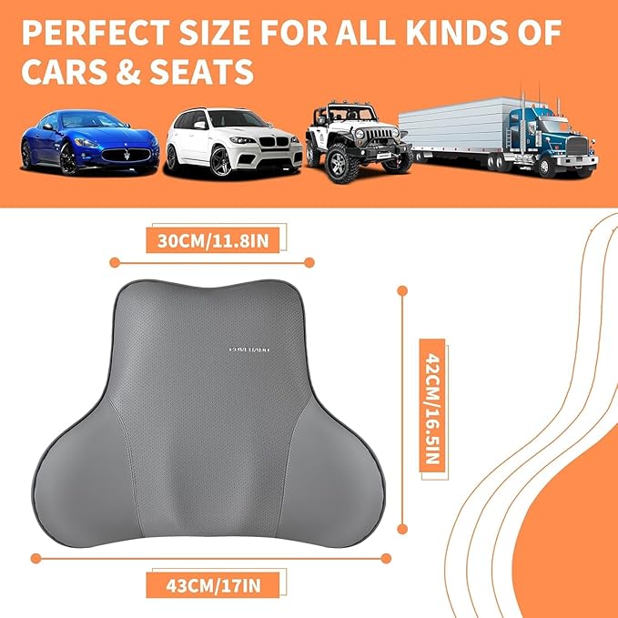 Coverado Lumbar Support Pillow for Car Seat Driver, Leather Car Seat Cushions for Driving Back Pain, Detachable Memory Foam Upper Lower Car Back Support Gray