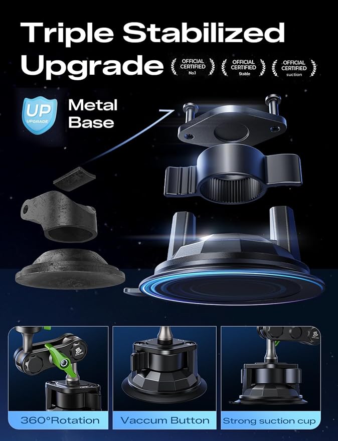 MAGIC JOHN Car Phone Holder, Ultra-Durable Mteal Phone Holders for Your Car, 360° Rotation Cell Phone Car Mount for Windshield, Suction Cup Car Phone Mount for iPhone Samsung All Smartphone