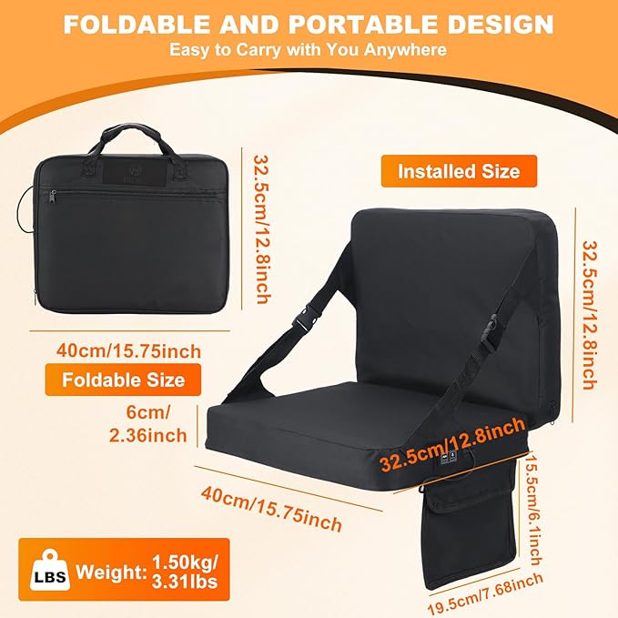 Nice C Heated Seat Cushion, Heated Stadium Seat, Heated Bleacher Seat, Stadium Seats for Bleacher, Massage Stadium Seat Cushion with Back Support, with Power Bank, Carry Handle&Compartment (1 Pack)