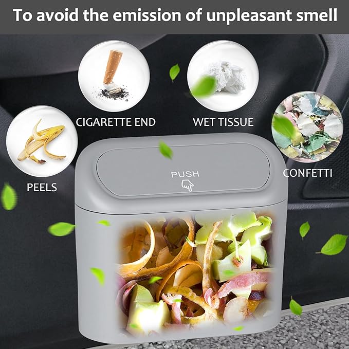 Accmor Car Trash Can, Portable Vehicle Trash Bin with Lid, Mini Car Dustbin Garbage Organizer Holder with One Roll Trash Bag, Leakproof Hanging Cars Storage Bag Container for Auto, SUV, Office (Grey)