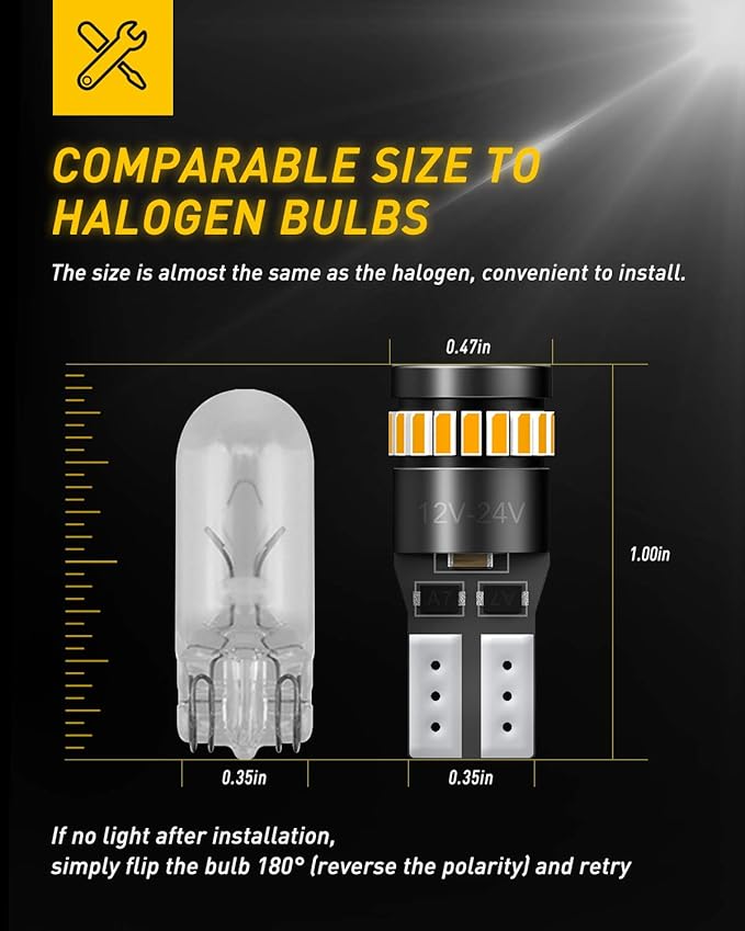 AUXITO 194 LED Light, Amber Yellow 168 2825 W5W T10 Wedge LED Replacement Light Kit Error Free for Car Dome Map Door Parking License Plate Marker Lights, Pack of 10