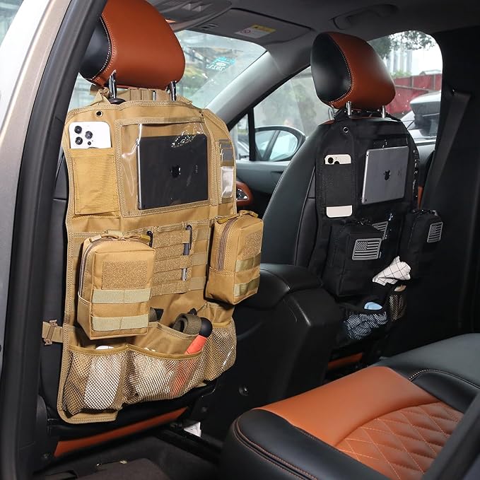 Tactical Car Seat Back Organizer Set Upgraded Tactical Molle Seatback Cover Protector Universal Fit Vehicles Truck MPV Pickup (Black with 2 Pouches)