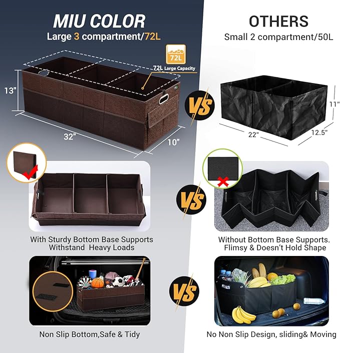 MIU COLOR Trunk Organizer for Car, 12 Pockets Sturdy Car Organizer for SUV, Non-Slip Bottom, Storage Organizer for Sedans, Van, Jeep, Grocery, Large 3 Compartments, Brown Vintage 32"×13"×10.6"