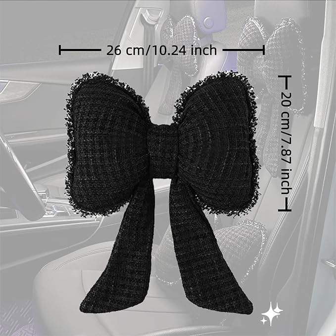 2-Pack Cute Bow Car Headrest Pillow Unique French-Inspired Bouclé Fabric Neck Support Cushion for Women Fits Most Cars (Black)