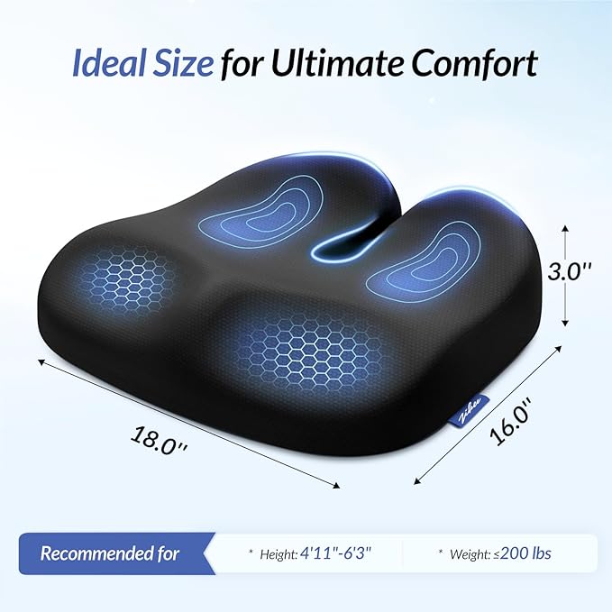 ZIKEE Ergonomic Seat Cushion with Thigh Slope for Long Sitting, Memory Foam Office Chair Cushion for Car, Home, Plane, U-Shaped Design Relieves Hip, Tailbone Pain, Non-Slip Sciatica Pain Relief Pillow