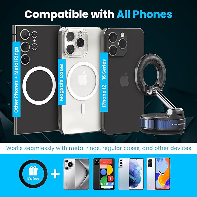 Ryvlan Carmount Vacuum Magnetic Phone Mount for Car– Magsafe Suction iPhone Stand, Content Creator Phone Holder & Car Mount, iPhone Holder for Dashboard & Windshield, Suction Cup Samsung Stand