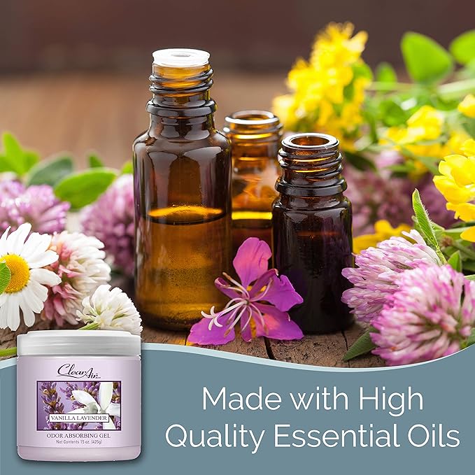 Clear Air 15oz Gel Odor Eliminator - Absorb & Remove Strong Odors from Pets, in Bathrooms, Basements, Garage, Cars, RVs & Boats - Eliminate Tough Odors with Essential Oils (Vanilla Lavender, 2-Pack)