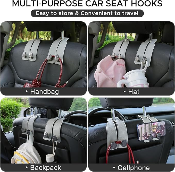 4 PCS Leather Car Seat Hooks for Headrest, Vehicle Hanger Storage Organizer Universal for Handbag Purse, Car Accessories Gift (Grey-Black-4 PCS)