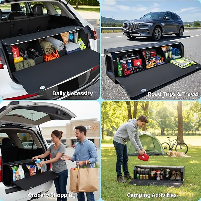 Sturdy Trunk Organizer with Lid, Waterproof Leather Car Storage Organizer with Sturdy Handle, Extra Large Car Organizers and Storage Fits Shopping, Camping, Road Trips (42.12 inch)