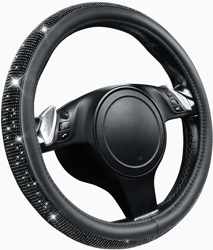 CAR PASS Bling Diamond Leather Steering Wheel Cover, With Sparkly Crystal Glitter Rhinestones Universal Fit 14"1/2-15" Car Wheel Protector for Women Girl Fit Suvs,Vans,Sedans,Car,Trucks, Black Diamond