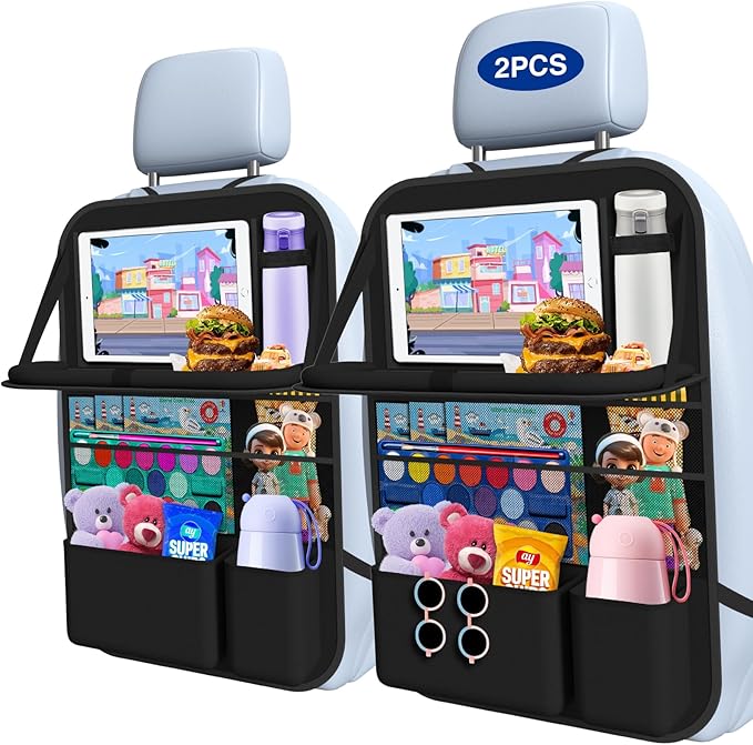 Car Backseat Organizer with Table Tray(2-Pack) 9 Storage Pockets Backseat Car Organizer and storage with Tablet Holder, Kick Mats Back Seat Cover for Kids family Road Trip Essentials Travel