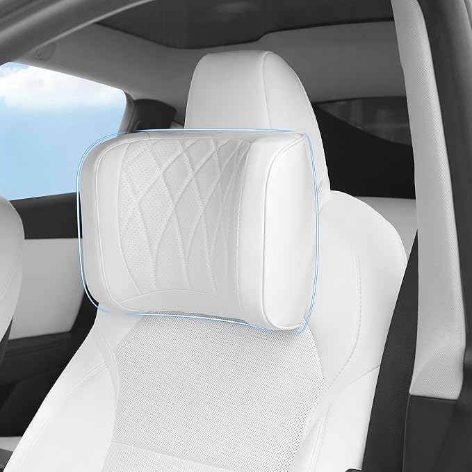 Car Headrest Pillow U-Shaped, Memory Foam Head Neck Support Cushion for Driving, Leather Head Rest Travel Pillows for Sleeping, Breathable Removable Cover, White, 2 Pack