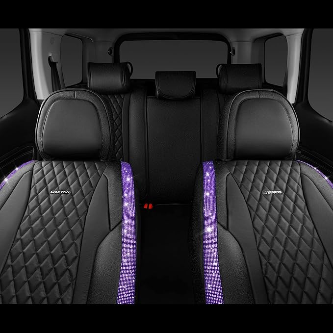 CAR PASS Bling Nappa Leather Car Seat Cover for Full Set Universal Luxury Waterproof Heavy-Duty Anti-Slip Cushioned Fit for SUV Sedan, Sparkly Glitter Shining Diamond Violet Crystal Purple Rhinestones
