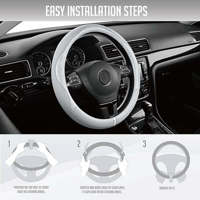 PIC AUTO Steering Wheel Cover, Silver Patterned Leather Patchwork Design, Universal Fit 14.5"–15.5", Anti-Slip, Odor-Free, Soft PU Grain Leather, Durable Grip Car Accessory for Girls & Women