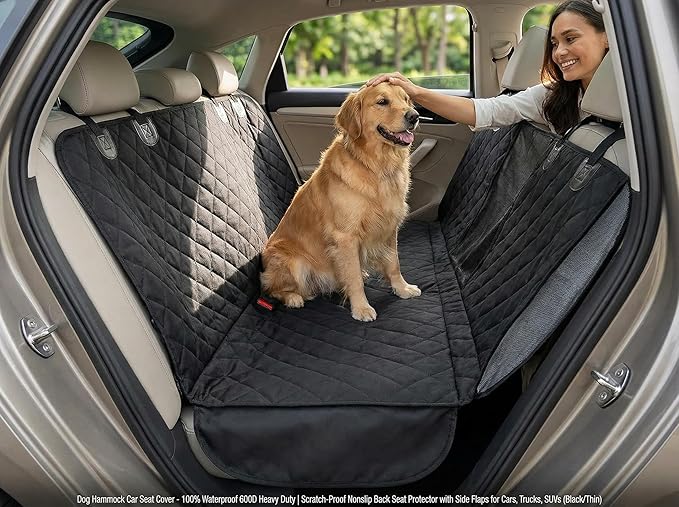 Dog Hammock Car Seat Cover - 100% Waterproof 600D Heavy Duty | Scratch-Proof Nonslip Back Seat Protector with Side Flaps for Cars, Trucks, SUVs (Black/Thin)