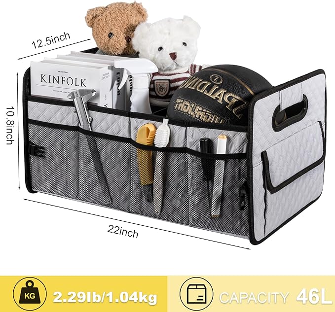 JiatuA Car Trunk Organizers and Storage for SUV, Collapsible Multi Compartment Container Box Adjustable Car Accessories for Women Men, Light Grey