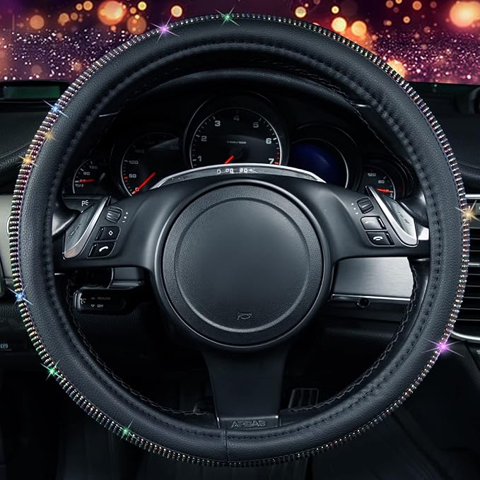 CAR PASS Diamond Leather Steering Wheel Cover, with Bling Crystal Rhinestones Fit Suvs,Vans,Sedans,Cars,Trucks Universal Fit 14.5-15inch Crystal Glitter for Women Sparkle Girl, Multicolor Diamond