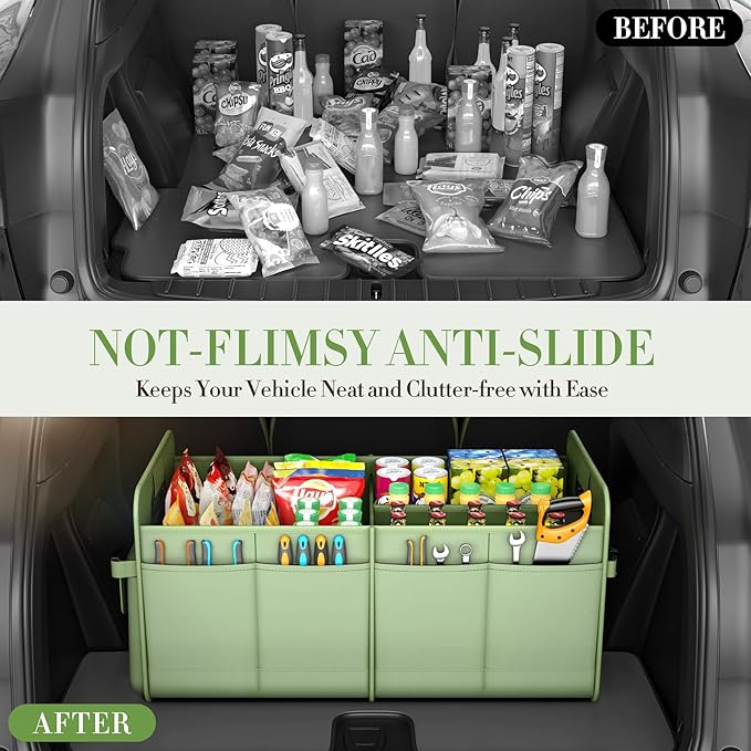 Trunk Organizer For Suv & Sedan,Car Organizers and Storage, Waterproof Collapsible & Adjustable Straps,75L Sturdy Car Organization for Car Accessories, Tools,Sundries,2-3Compartment(Green