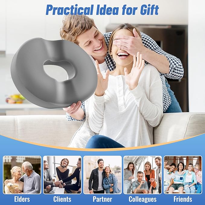 CloudBliss Donut Pillow Seat Cushion Chair Pad for Tailbone Pain Relief and Hemorrhoids, Memory Foam Seat Chair Cushion for Men and Women for Home & Office, (Light Grey-2XL)