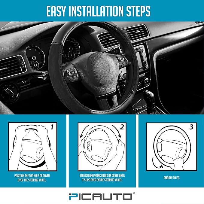 PIC AUTO Steering Wheel Cover, Silk Grain Leather Car Steering Wheel Protector, Comfortable Grip, Universal 14.5-15.5 Inch Anti-Slip Steering Wheels Accessories for Men & Women (Black)