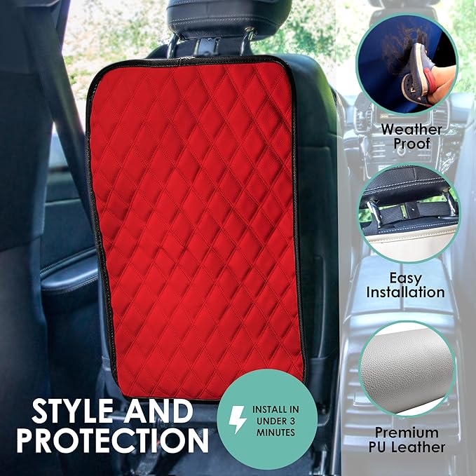 FH Group 2-Pack Diamond Stitched Faux Leather Back Seat Kick Protectors, Heavy Duty Car Kick Mat for Kids Waterproof Protection, Easy to Clean