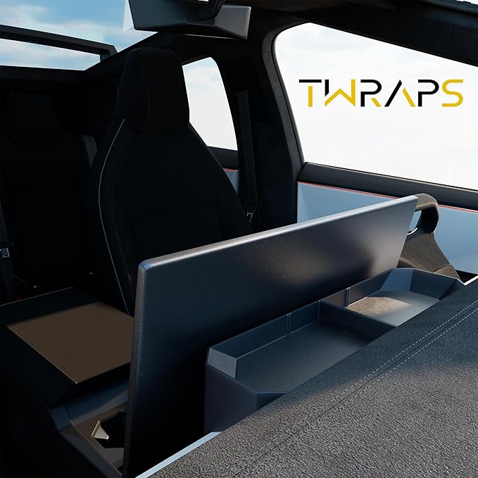TWRAPS Behind Screen Storage for Tesla Cybertruck 2024/2025/2026, Long Tray - Hidden Dashboard Interior Organizer with Premium Leather Inserts, No Melt ABS, Cyber Truck Accessories and Sunglasses